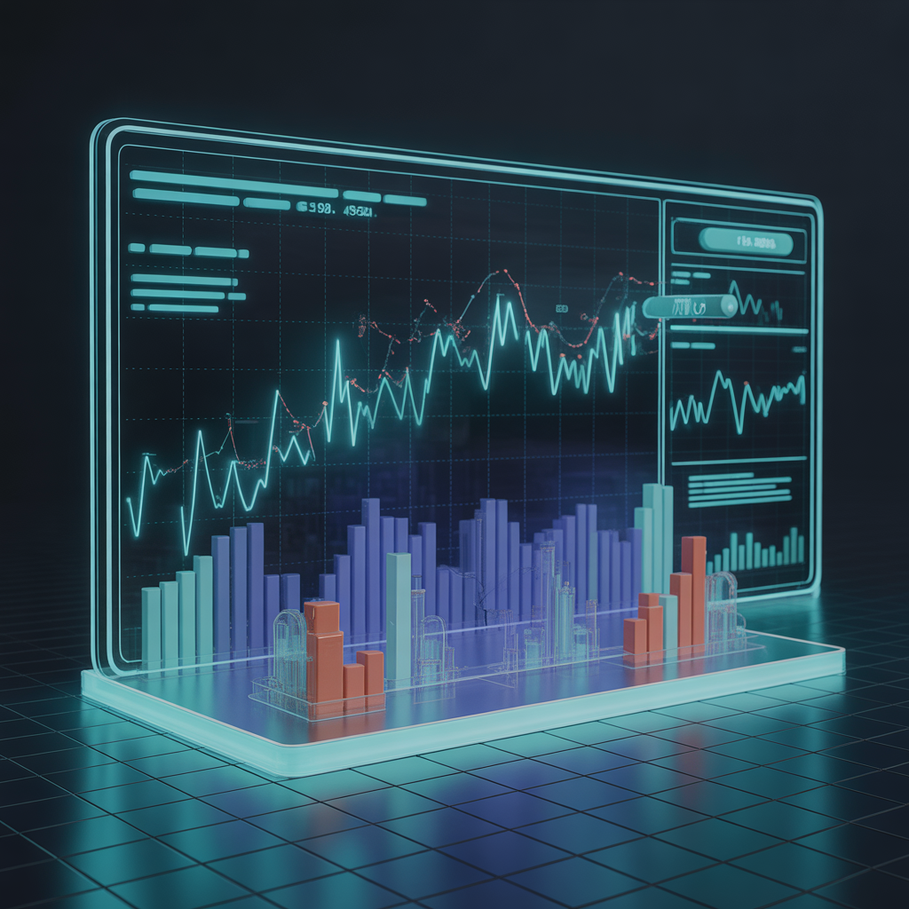 Holographic graph interface displaying real-time market data analytics, cyan and blue glowing UI elements